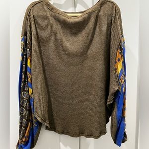 Free People Blossom Waffle Knit Balloon Patchwork Sleeve Top